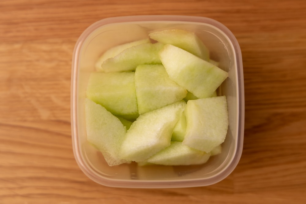 honeydew cubes in a bowl