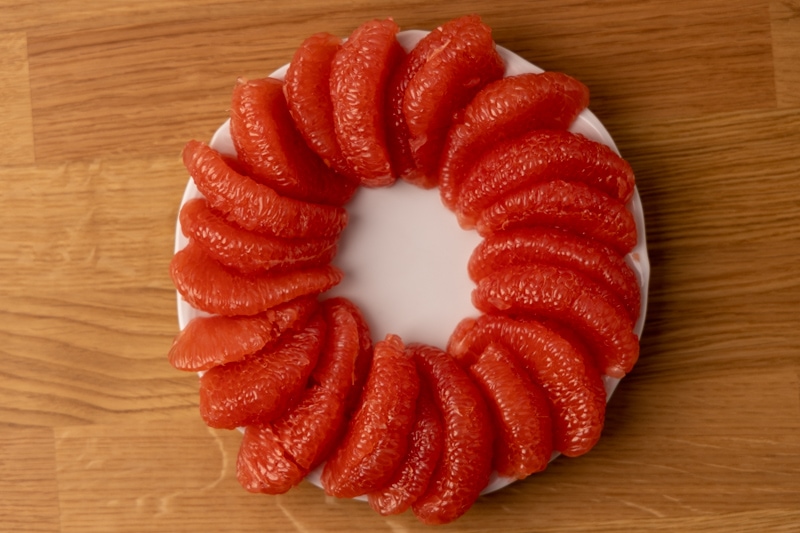Peeled grapefruit in a circle