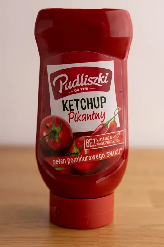Botella de ketchup lista para ser almacenada al reves