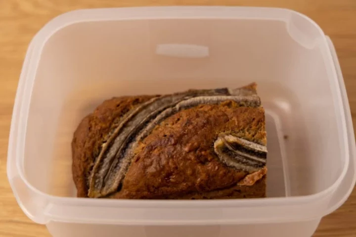 Leftover banana bread in an airtight container